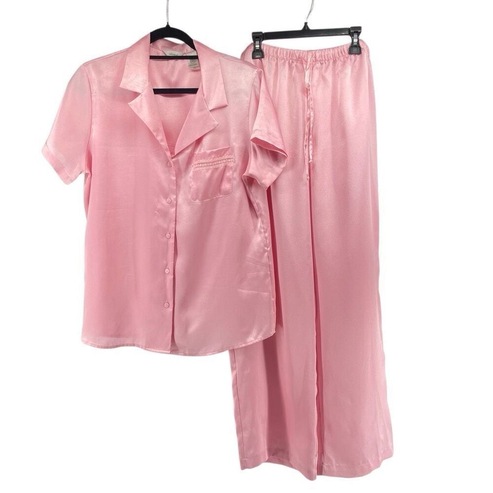 Vintage Adonna Pink Satin Pajama Set | Short Sleeve Top & Pull-On Pants Large